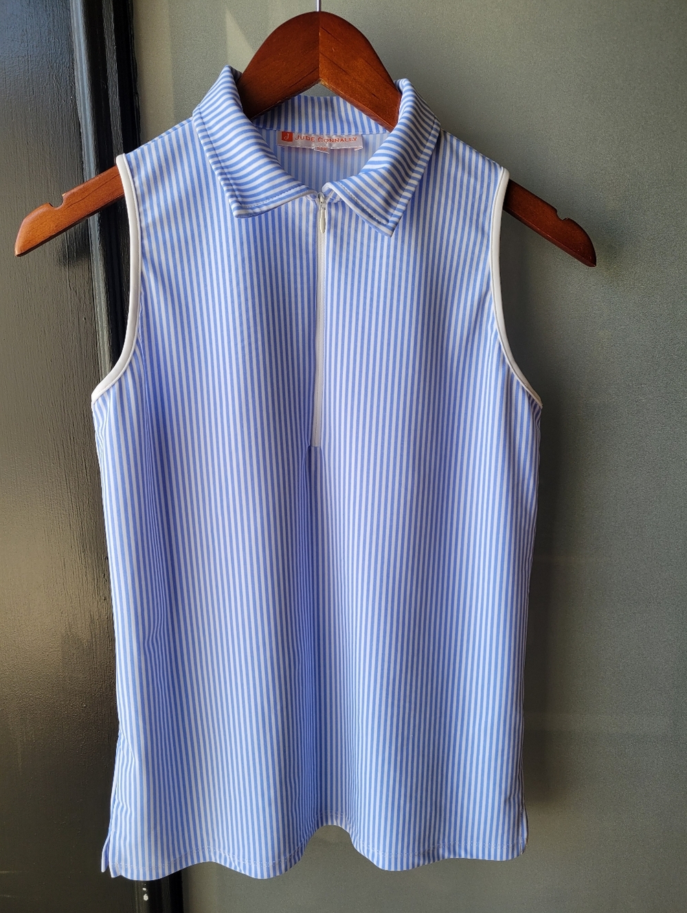 Blue White Striped Seeveless Polo Top Jude Connally XS Made in USA Zip Collard - Picture 2 of 11